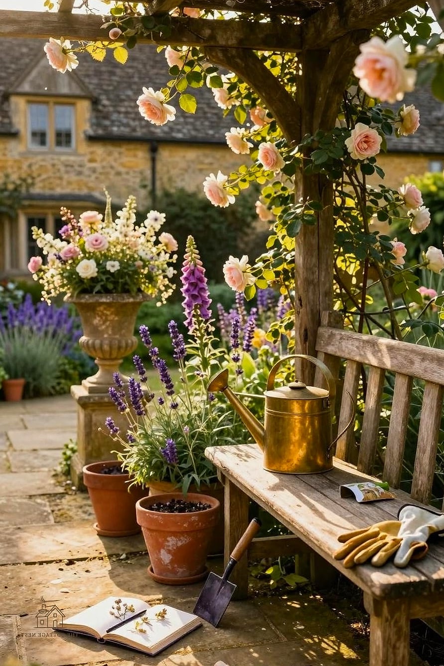 35 Brilliant Cottage Garden Ideas to Copy Right Now 19 Add a Rustic Potting Bench