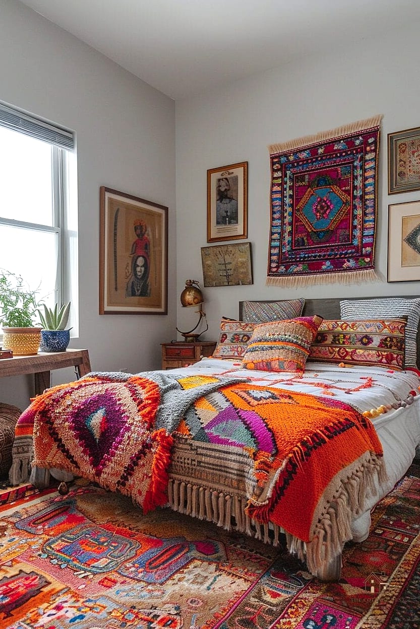 45 Dreamy Boho Bedroom Ideas That Feel Like a Retreat 19 Add a Statement Rug in a Bold Pattern