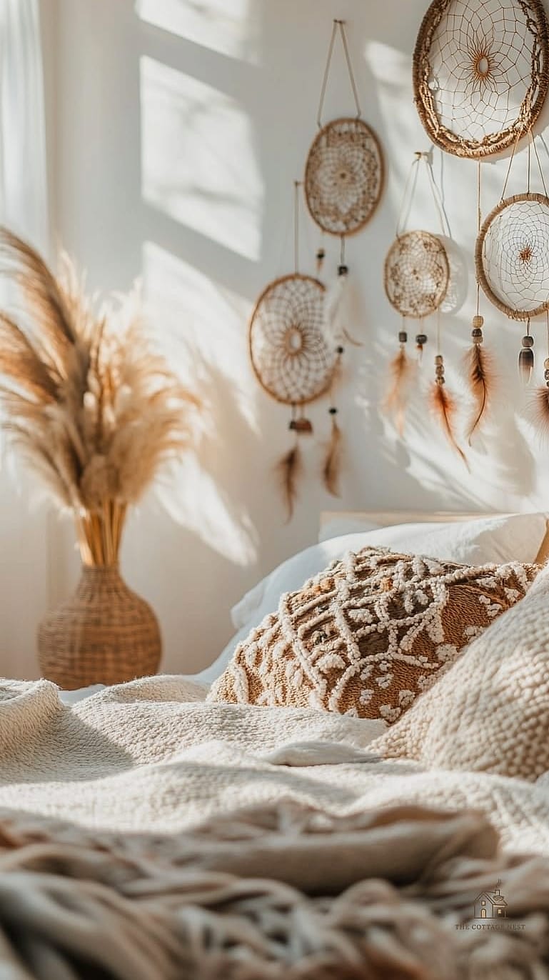 45 Dreamy Boho Bedroom Ideas That Feel Like a Retreat 33 Add Textured Throw Pillows in Varying Sizes