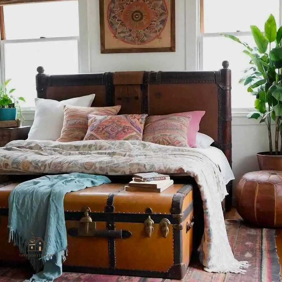 45 Dreamy Boho Bedroom Ideas That Feel Like a Retreat 31 Add a Vintage Trunk as a Bench