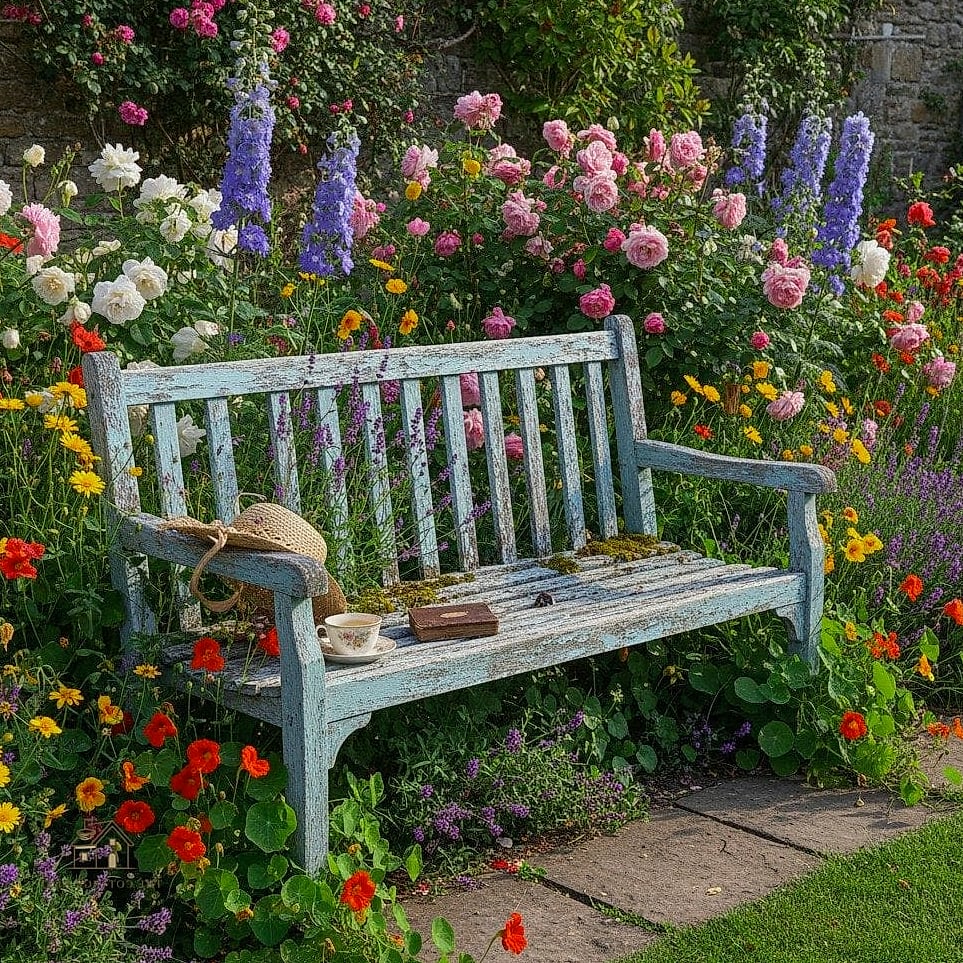 35 Brilliant Cottage Garden Ideas to Copy Right Now 16 Add a Weathered Garden Bench