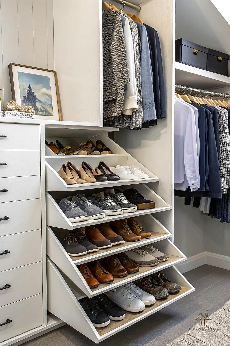 35 Chic Shoe Storage Ideas For Small Garages for a Beautiful Home 5 Angled Shoe Shelves