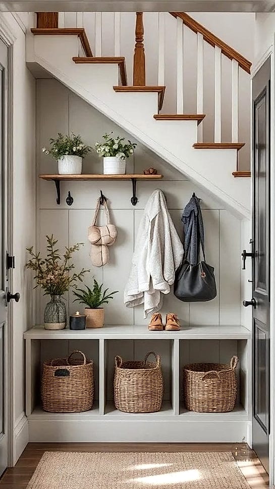 45 Stunning Small Entryway Ideas You'll Absolutely Love 13 Baskets Under an Open Bench