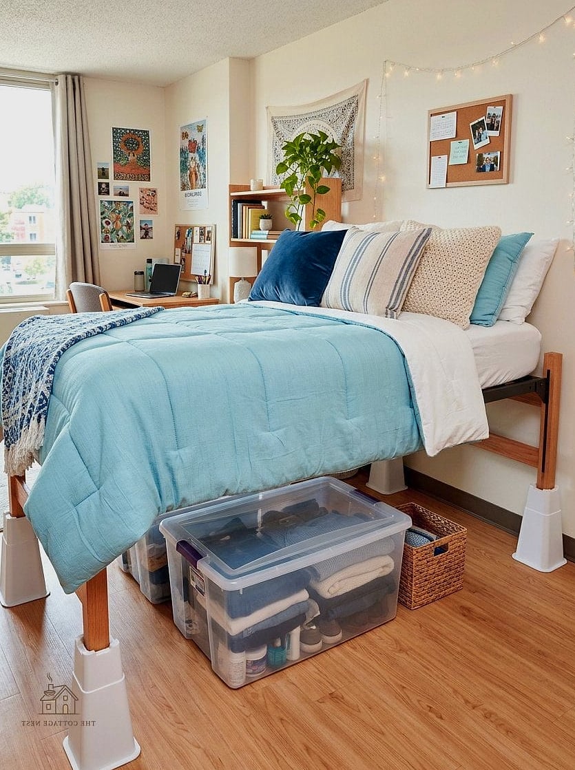 25 Gorgeous Dorm Room Ideas For Guys That Are Totally Doable 4 Bed Riser Storage Zone