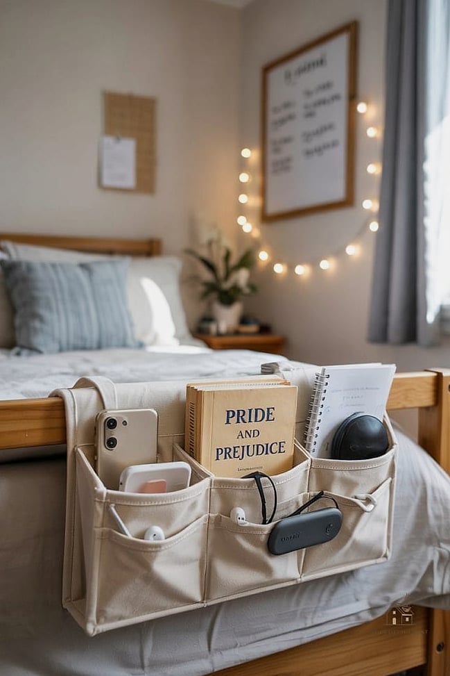 50 Amazing College Dorm Room Ideas For Guys on a Budget 42 Bedside Caddy for Essentials