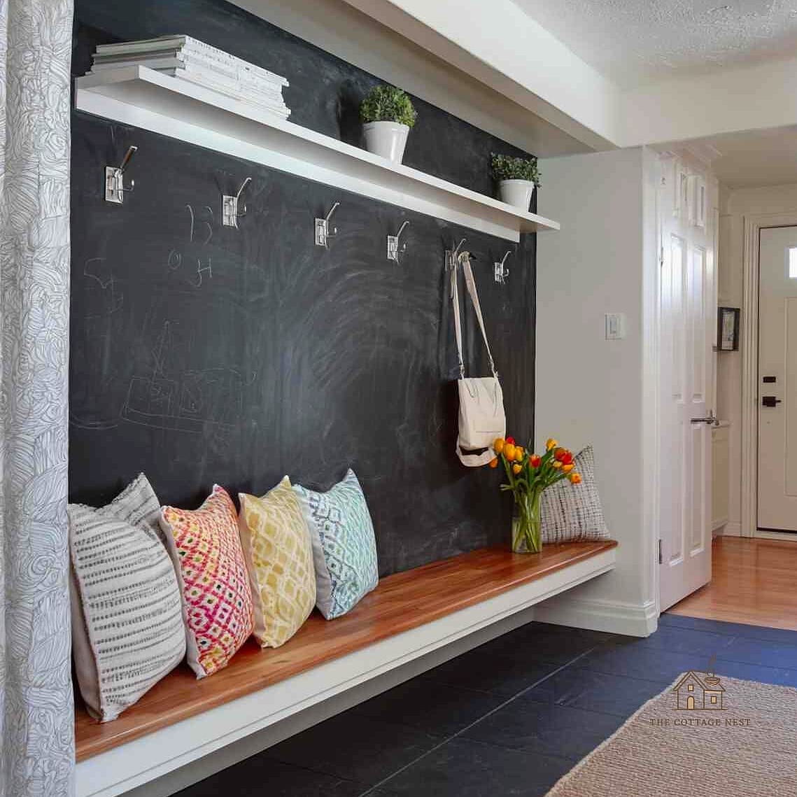 30 Amazing Entryway Bench Ideas on a Budget 22 Bench with a Chalkboard or Cork Backing