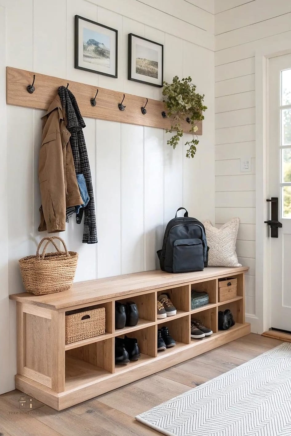 30 Amazing Entryway Bench Ideas on a Budget 28 Bench with Overhead Hooks and Shelf
