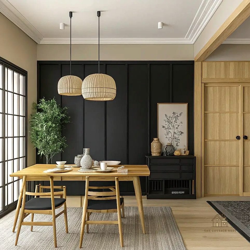 45 Gorgeous Japandi Dining Room Ideas That Are Totally Doable 35 Black Framed Windows or Doors