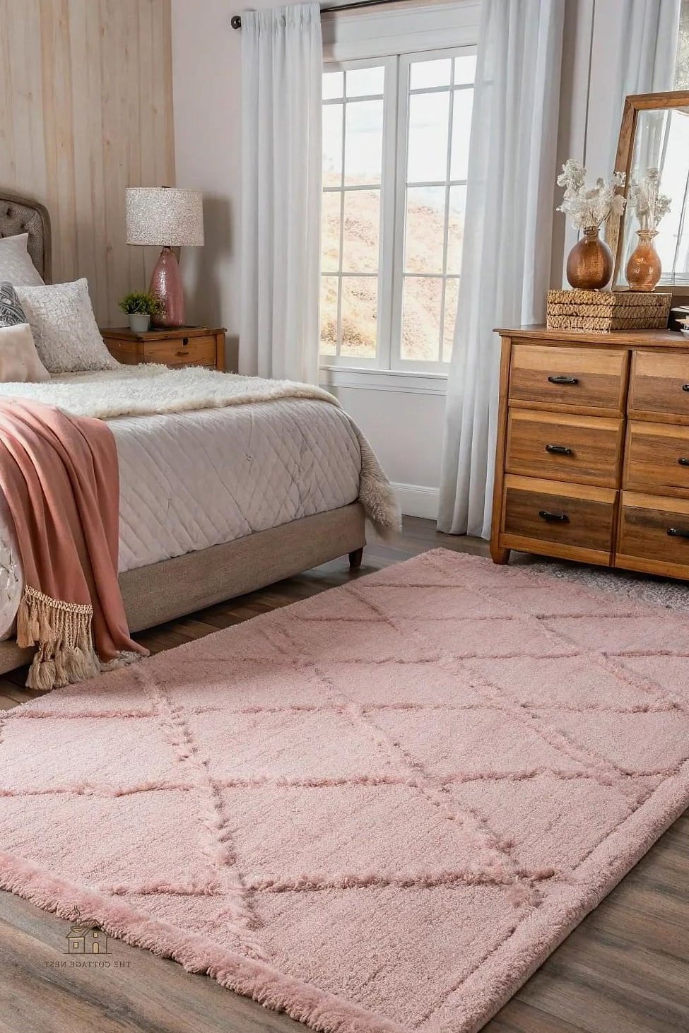 45 Brilliant Pink Dorm Room Ideas to Copy Right Now 6 Blush Pink Rug Layered Over Dorm Carpet