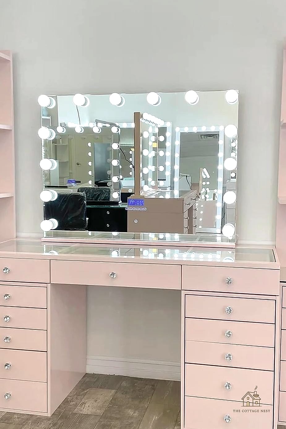 45 Brilliant Pink Dorm Room Ideas to Copy Right Now 24 Blush Pink Vanity Mirror with Lights