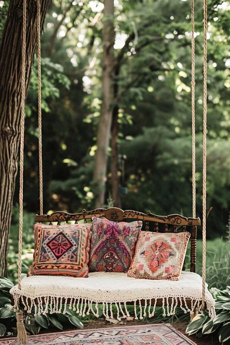 45 Brilliant Boho Garden Ideas to Copy Right Now 15 A Boho Garden Swing Bench