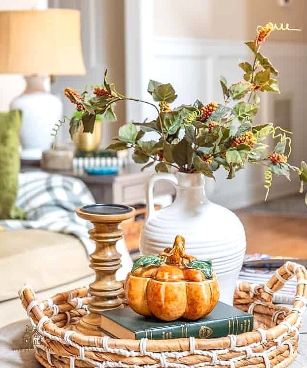 30 Dreamy Fall Tray Decorating Ideas to Try This Season 25 Bookshelf Vignette Tray