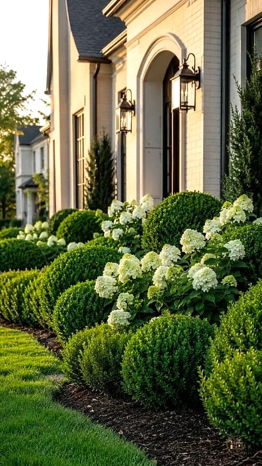 30 Amazing Front Yard Landscaping Ideas on a Budget 25 A Border of Boxwood Shrubs