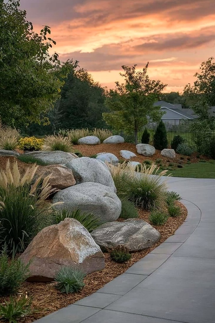 20 Cozy Driveway Landscaping Ideas Worth Pinning 15 Boulder Accents Mixed with Plantings