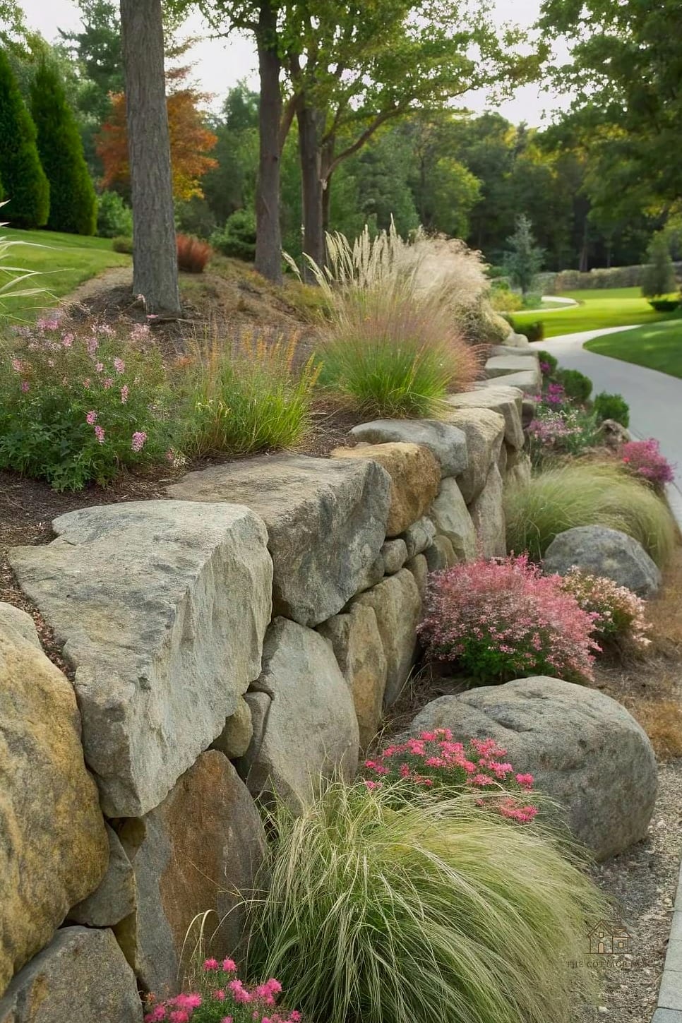 30 Beautiful Retaining Wall Ideas to Transform Your Space 28 Boulder and Grass Combination Walls