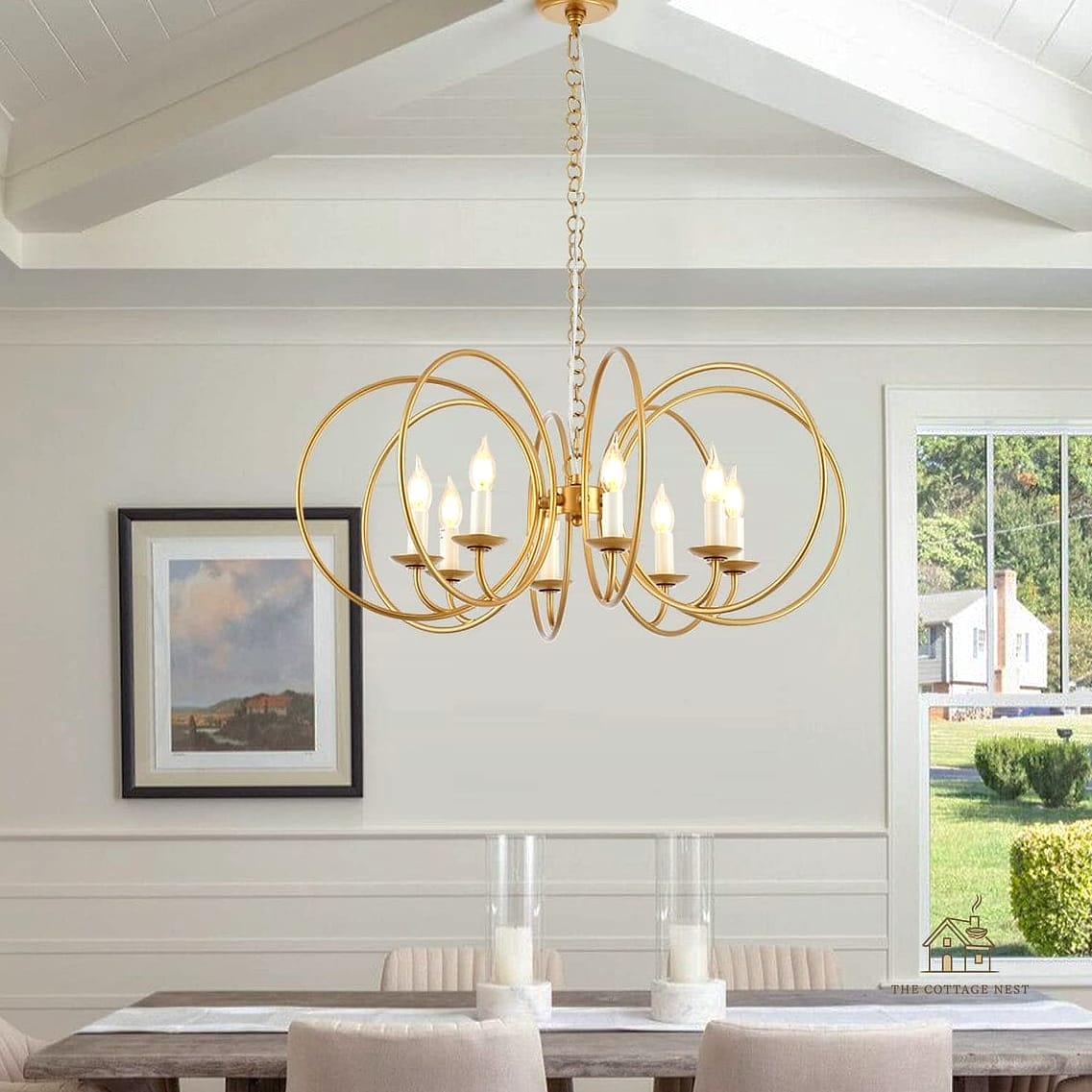 30 Clever Eclectic Dining Room Ideas for Every Style 6 Brass Chandelier Over a Farmhouse Table
