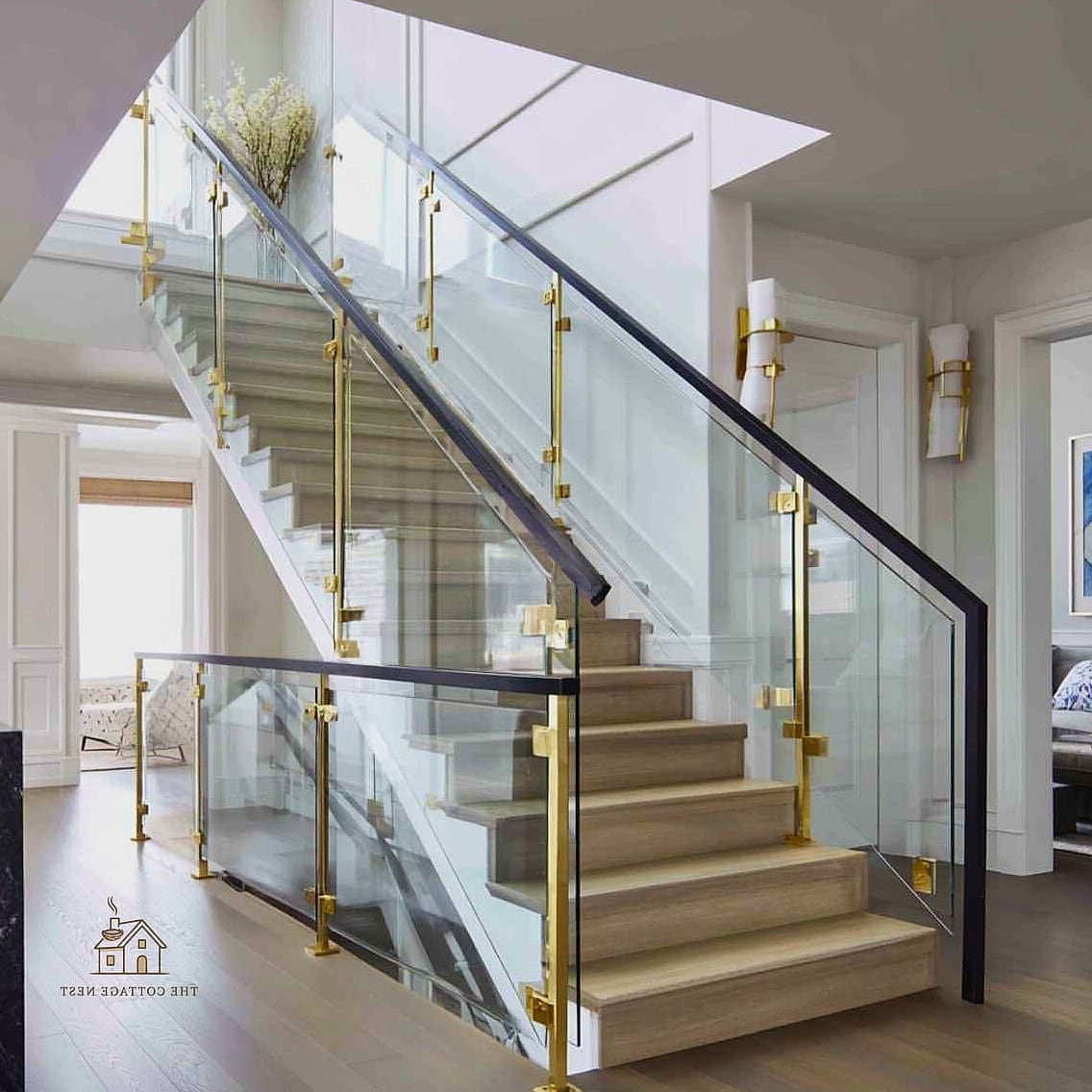 45 Stunning Stair Railing Ideas You'll Absolutely Love 13 Brass and Glass Combination