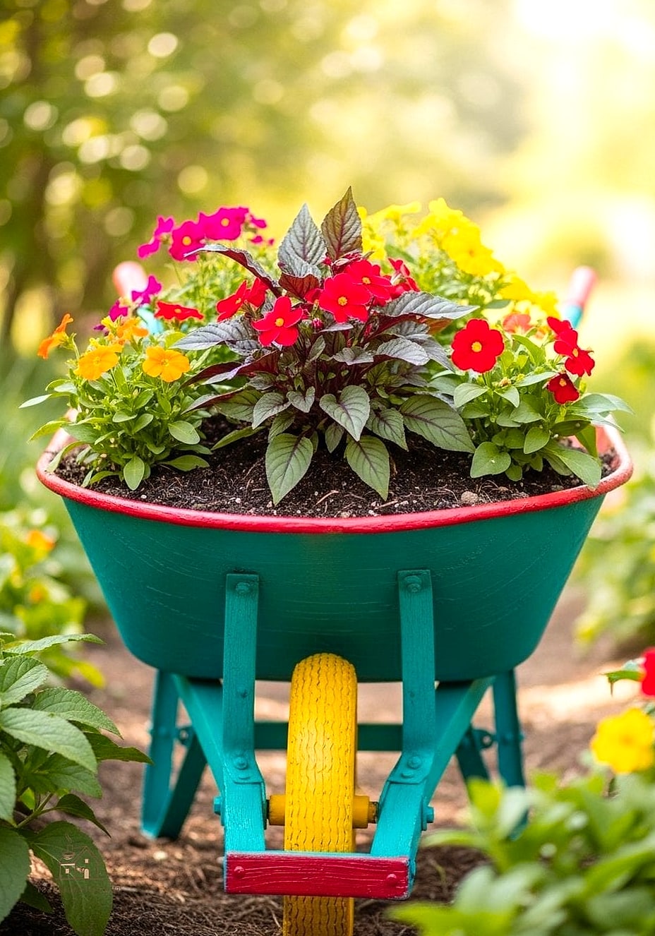 Bright and Bold Wheelbarrow with Zinnias and Marigolds