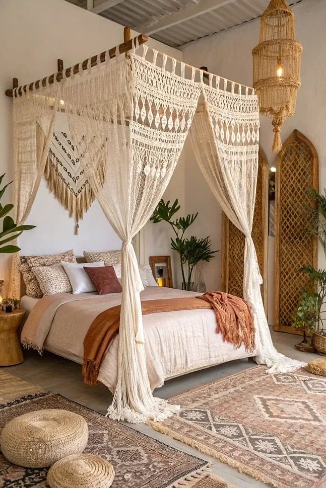 45 Dreamy Boho Bedroom Ideas That Feel Like a Retreat 4 Bring in a Canopy Bed Frame