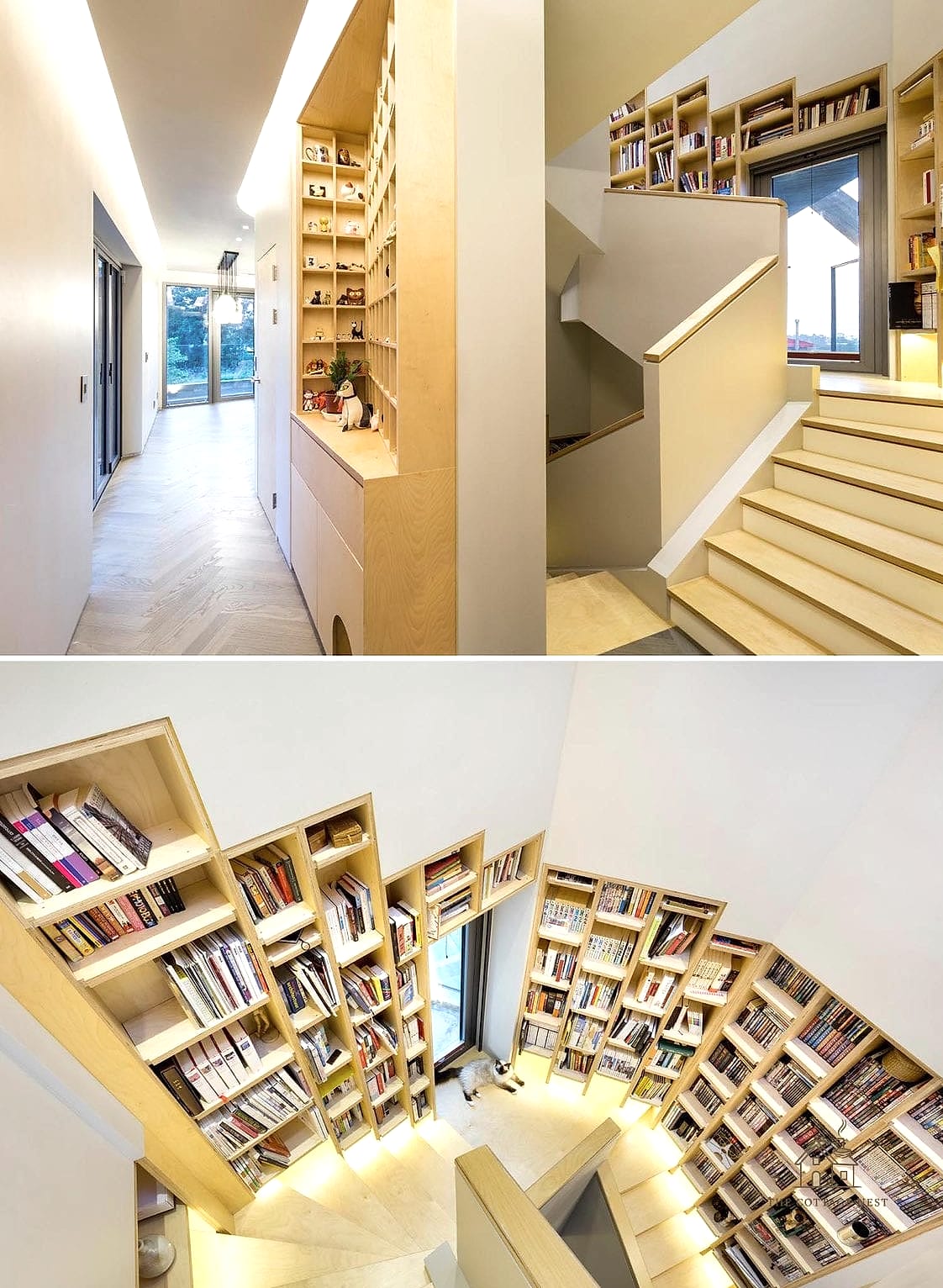 25 Gorgeous Under Stairs Ideas That Are Totally Doable 2 Built-In Bookshelves Following the Stair Line