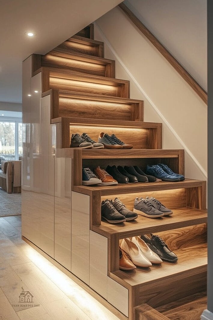20 Cozy Basement Stairs Ideas Worth Pinning 9 Built-In Shoe or Boot Storage at the Base