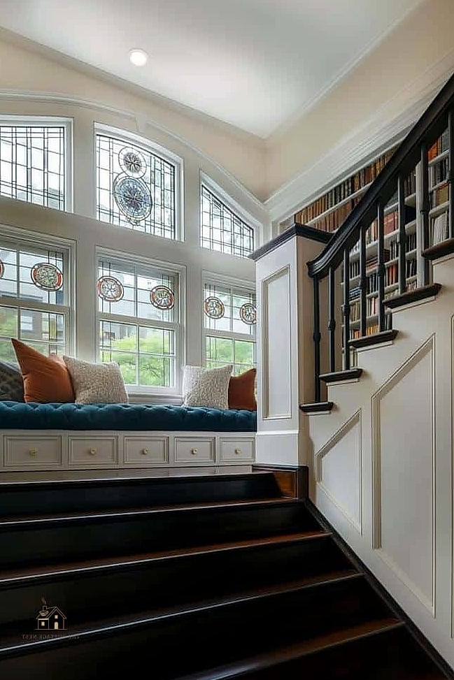 35 Creative Stair Landing Decor Ideas That Will Inspire You 22 Built-In Window Bench with Bookshelves