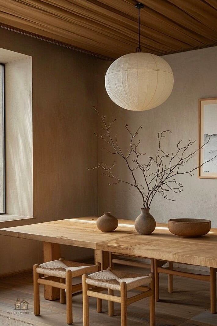 45 Gorgeous Japandi Dining Room Ideas That Are Totally Doable 12 Built-In Wood Shelving