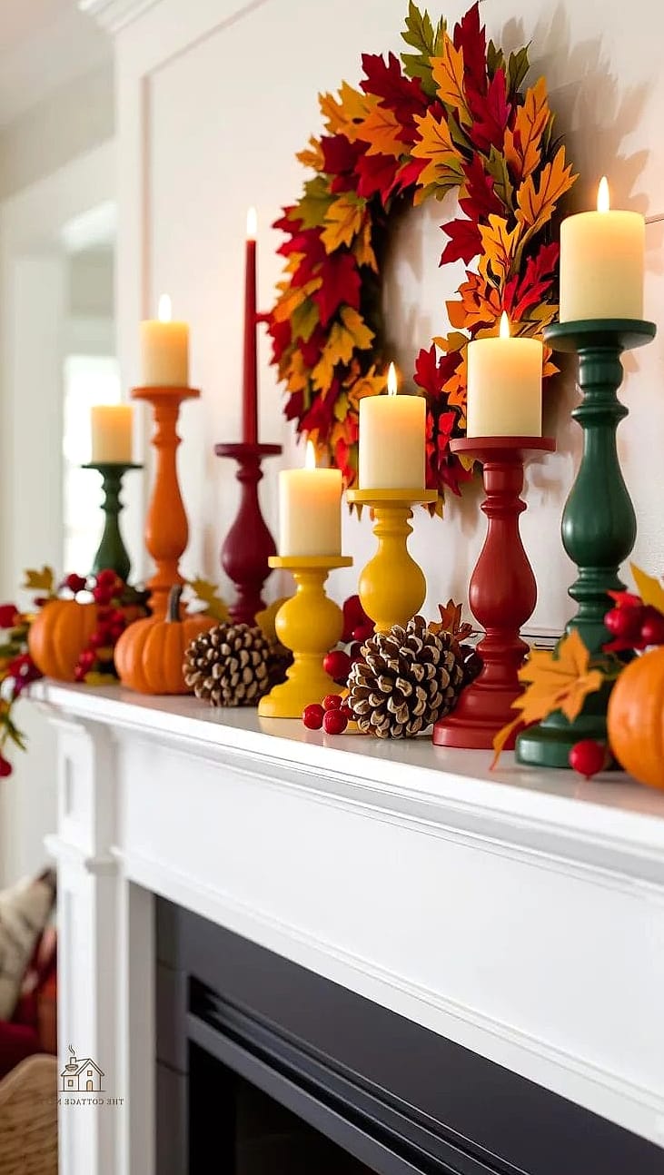 50 Amazing Fall Mantle Decor on a Budget 7 Candlesticks in Mismatched Heights