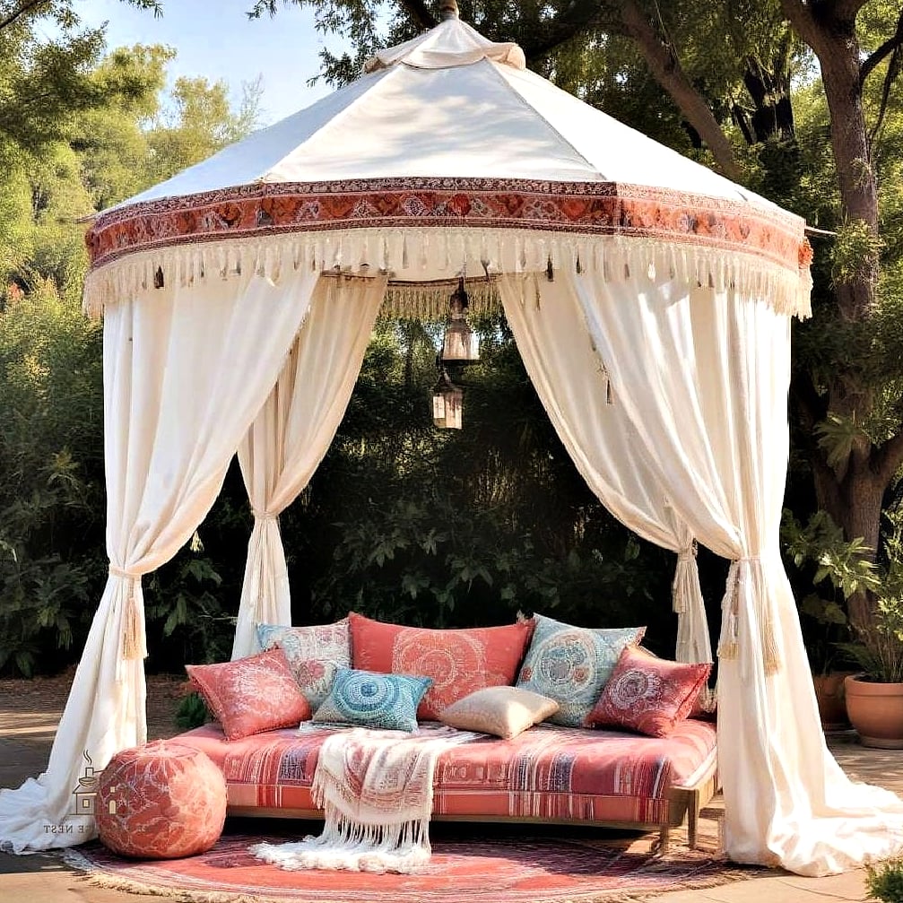 45 Brilliant Boho Garden Ideas to Copy Right Now 13 A Canopy of Fabric Panels