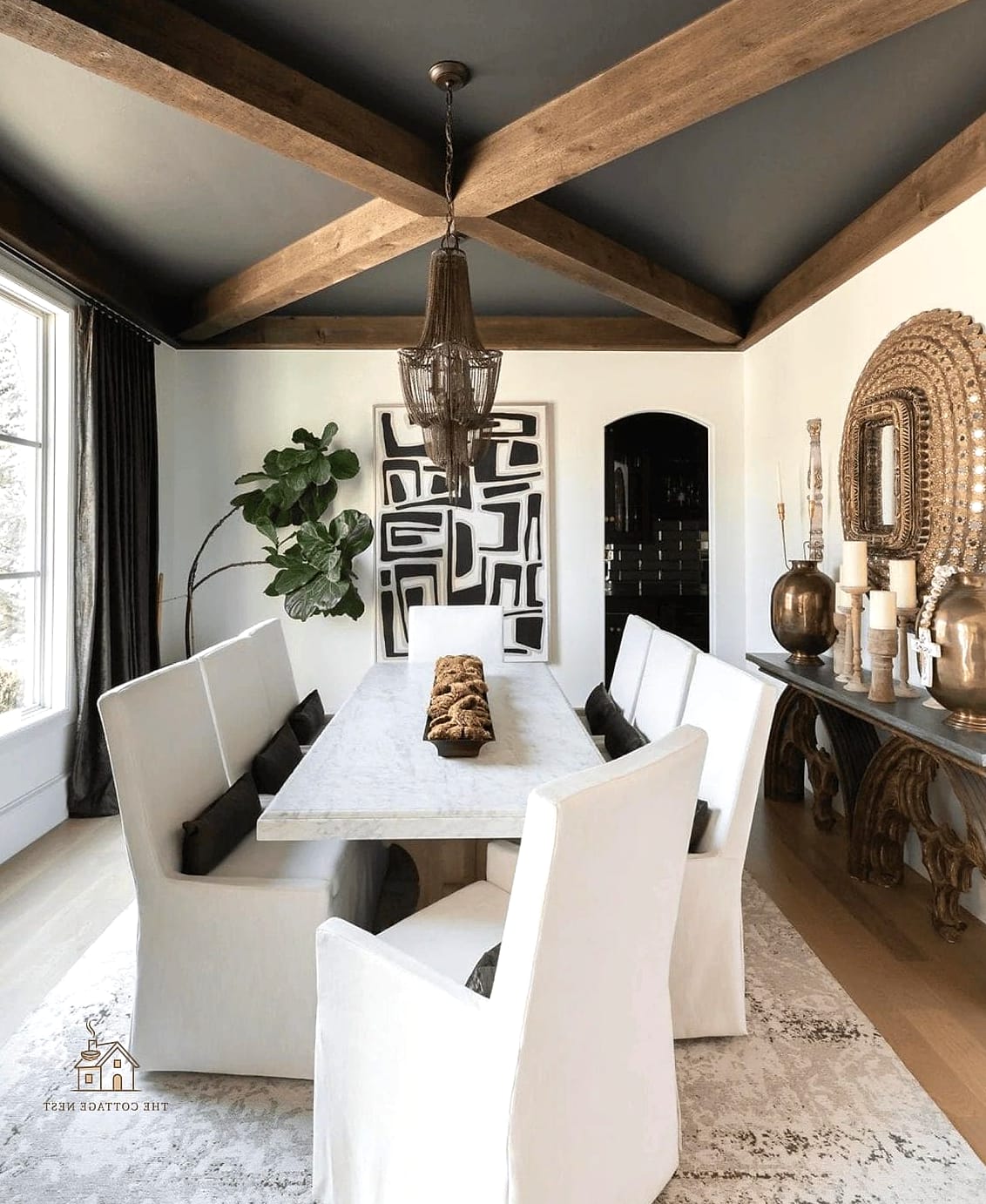 30 Clever Eclectic Dining Room Ideas for Every Style 18 Ceiling Beams Painted a Contrasting Color