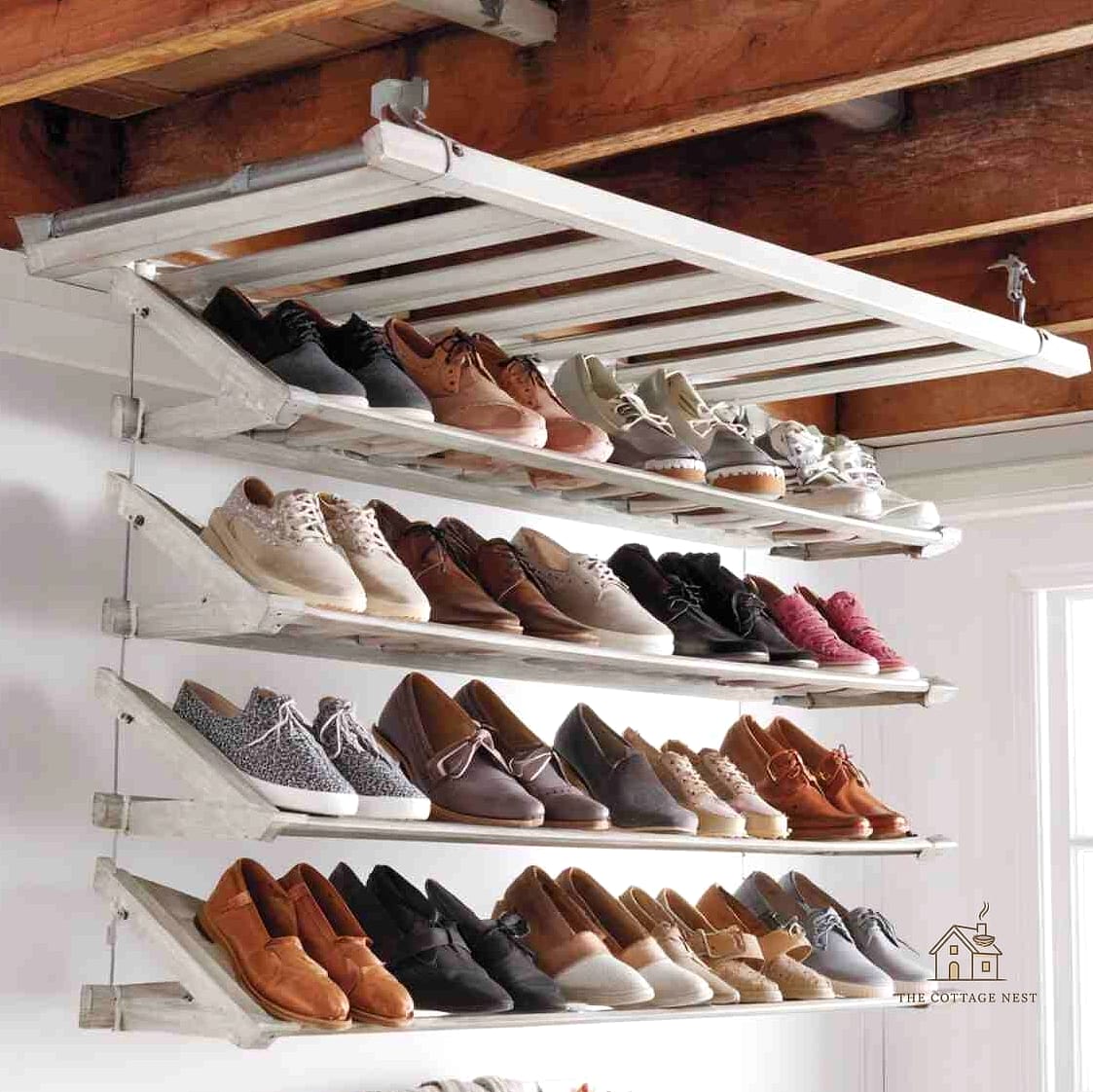 35 Chic Shoe Storage Ideas For Small Garages for a Beautiful Home 14 Ceiling-Mounted Shoe Storage