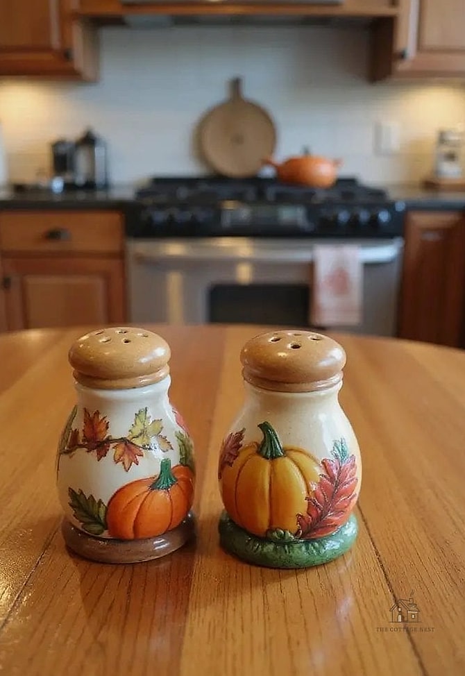 A Ceramic Salt and Pepper Set with a Wooden Tray