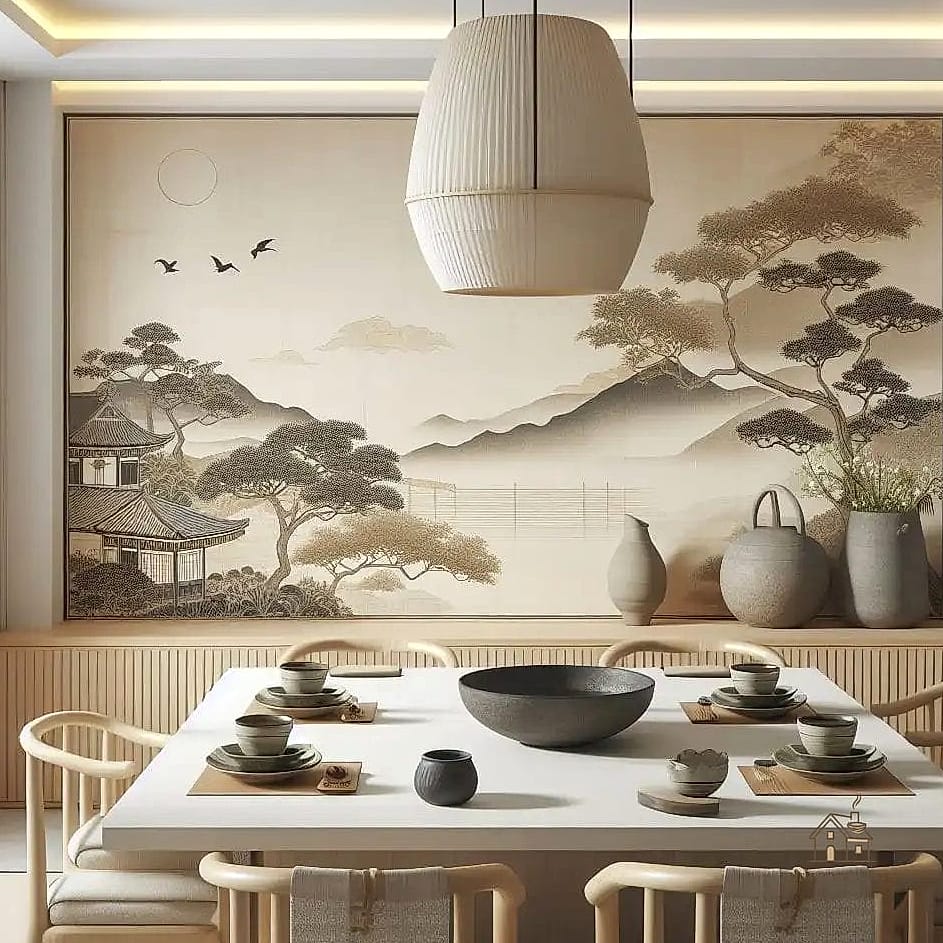 45 Gorgeous Japandi Dining Room Ideas That Are Totally Doable 39 Ceramic Tile Accent Wall