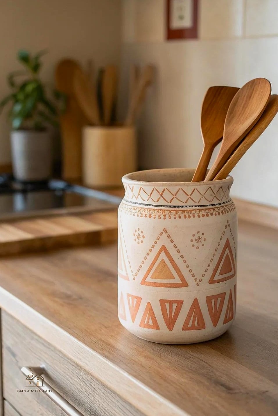 A Ceramic Utensil Crock with Wooden Spoons