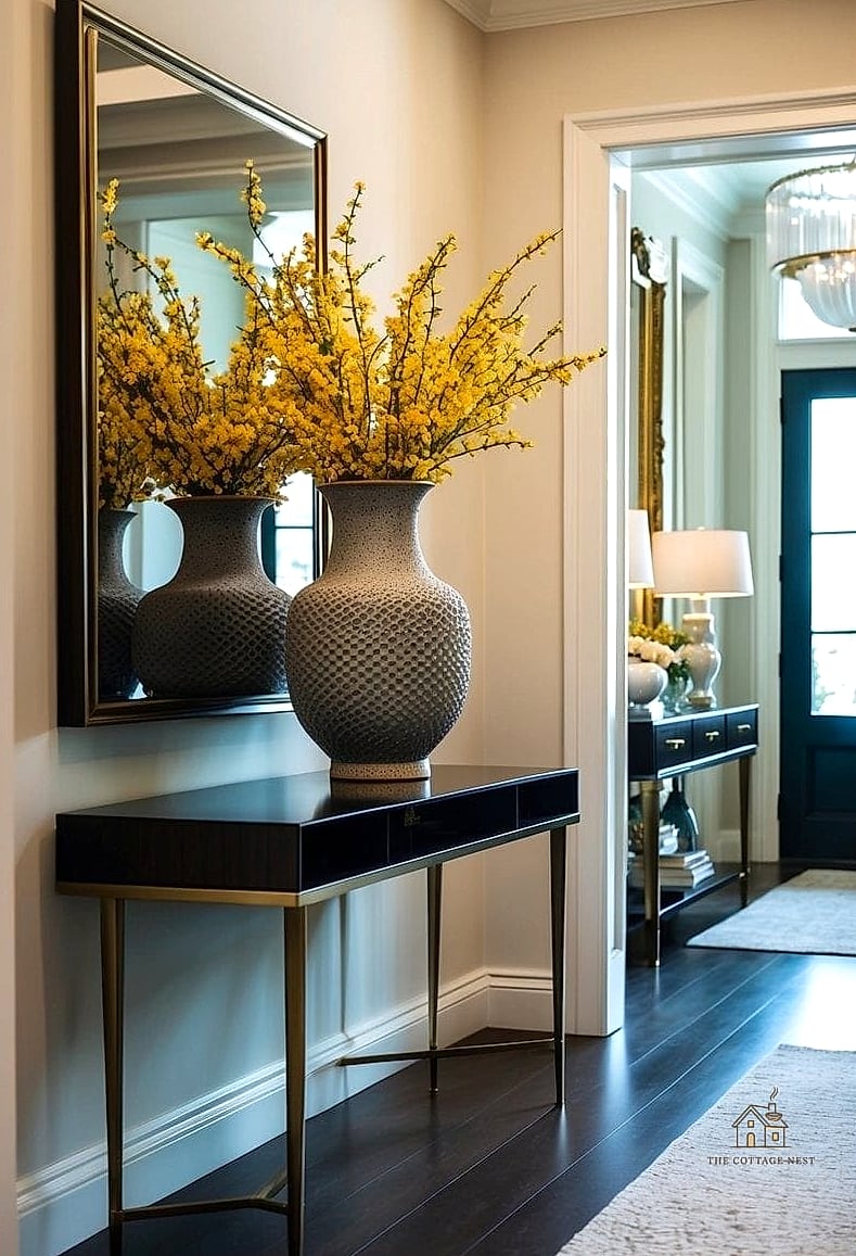 25 Chic Entryway Table Decor Ideas for a Beautiful Home 21 A Ceramic Vase Filled with Fresh Seasonal Blooms