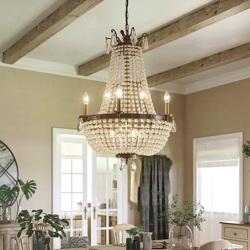45 Brilliant Farmhouse Dining Room Lighting Ideas to Copy Right Now 38 Chandelier with Hammered Metal Details