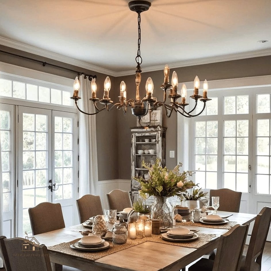 45 Brilliant Farmhouse Dining Room Lighting Ideas to Copy Right Now 40 Chandelier with Vintage Edison Bulbs and Wood Canopy
