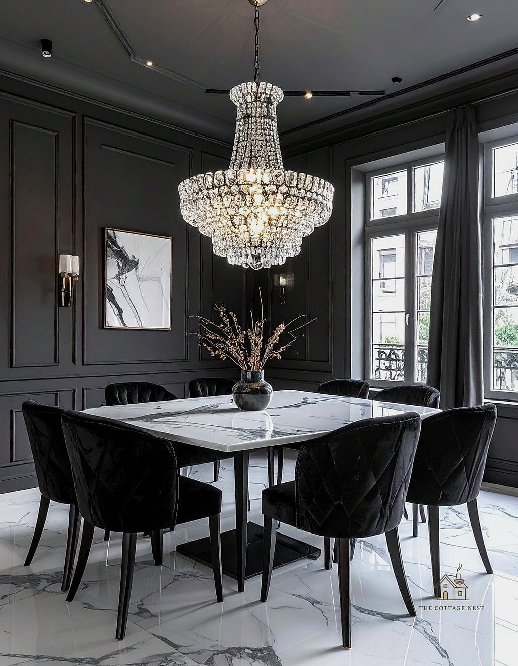 40 Clever Grey Dining Room Ideas for Every Style 2 Charcoal Walls with a Brass Chandelier