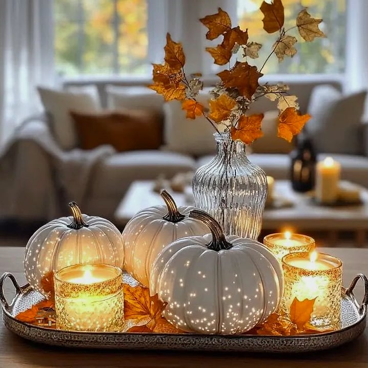 30 Dreamy Fall Tray Decorating Ideas to Try This Season 2 Classic Pumpkin and Candle Trio