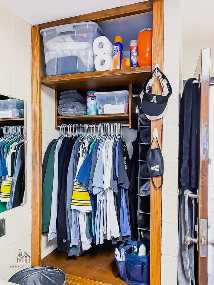 50 Amazing College Dorm Room Ideas on a Budget 20 Closet Organizer Hanging Shelves