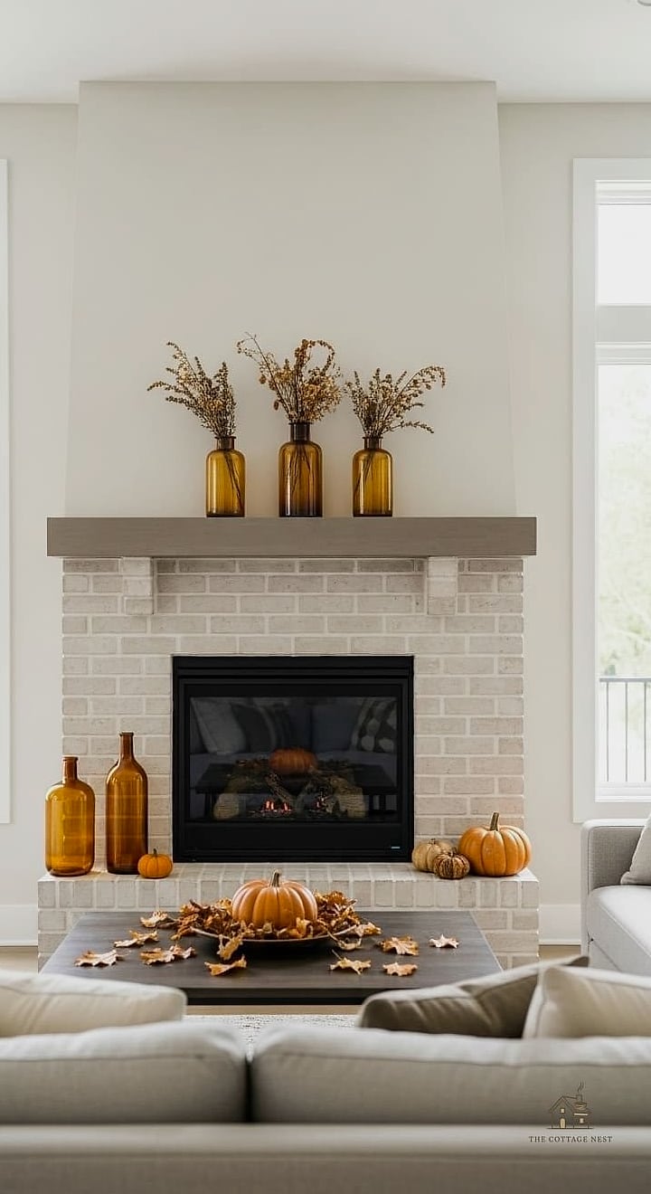 50 Amazing Fall Mantle Decor on a Budget 49 A Cluster of Amber Glass Bottles