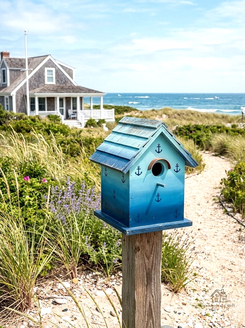 15 Chic Bird House Painting Ideas for a Beautiful Home 4 Coastal Blue and Weathered Wood