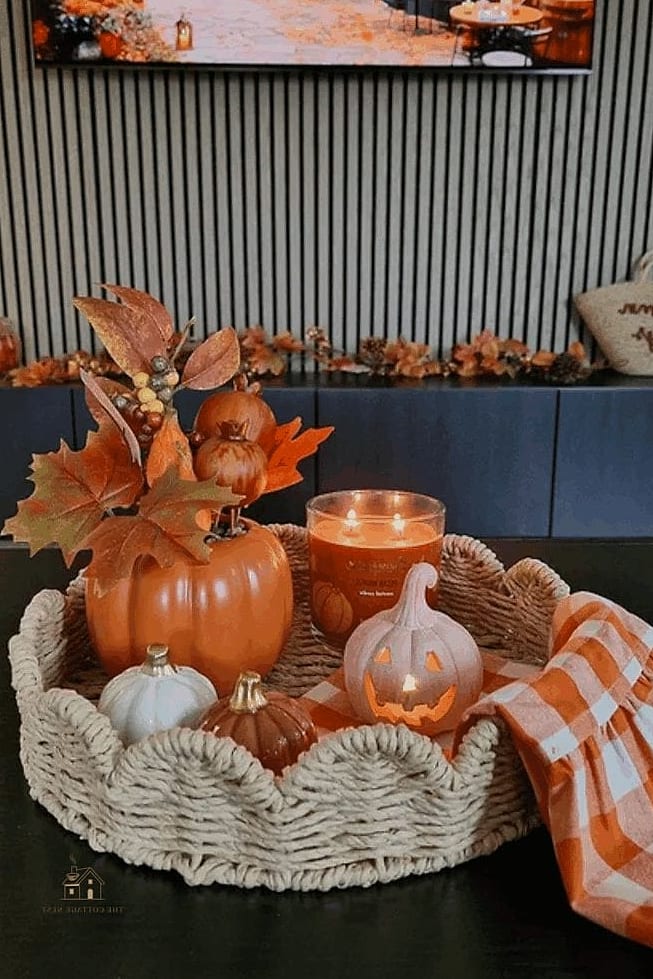 30 Dreamy Fall Tray Decorating Ideas to Try This Season 11 Coffee Table Book Stack with Pumpkin Topper