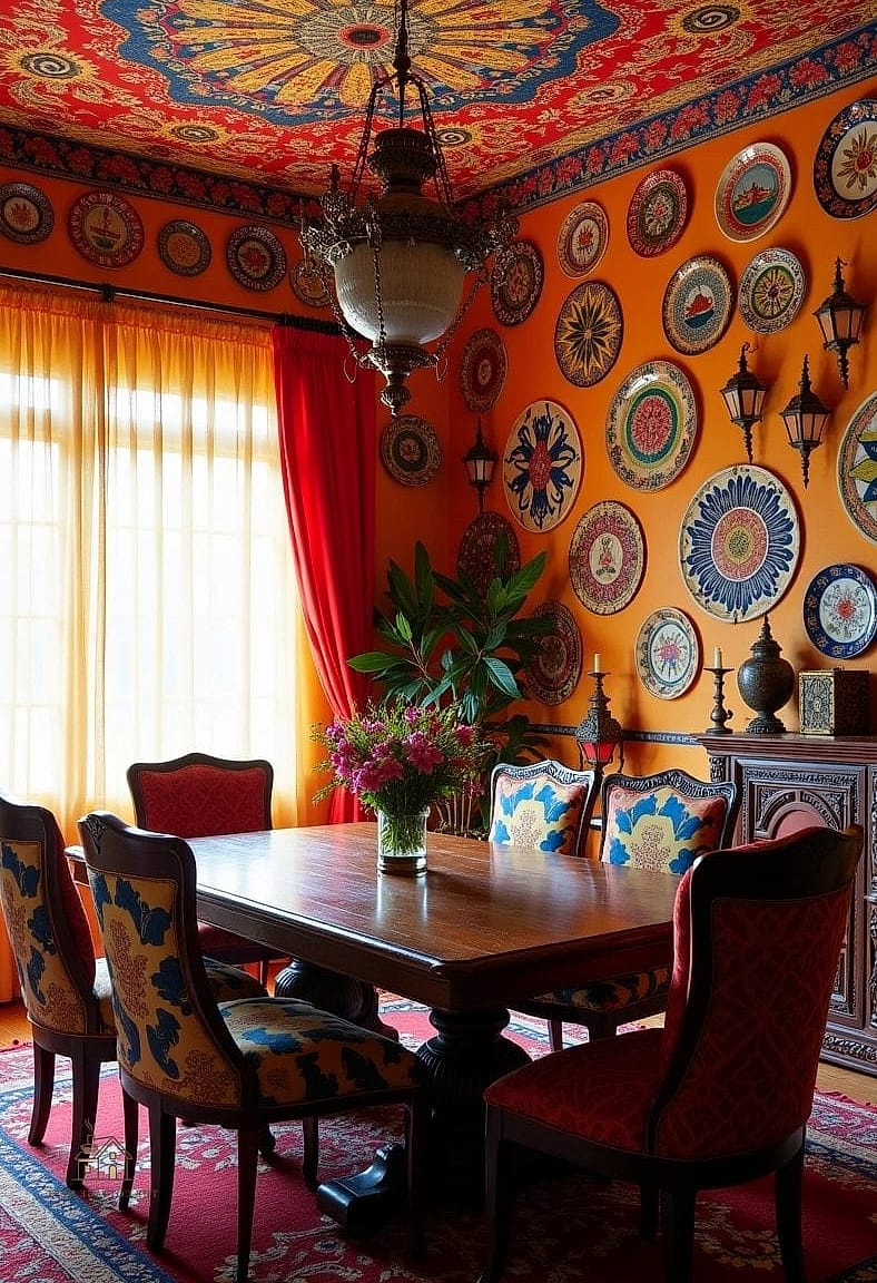 30 Clever Eclectic Dining Room Ideas for Every Style 31 Colorful Ceiling as the Fifth Wall