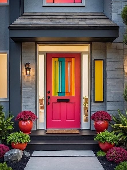 Colorful Front Door with Coordinating Plantings