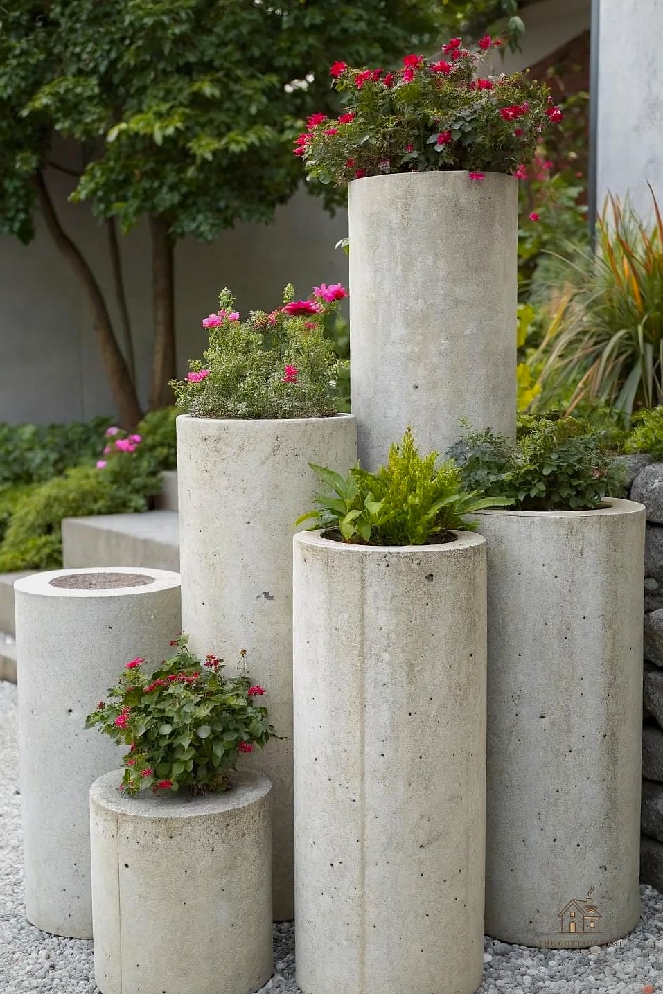 Concrete Cylinder Planters in Matching Pairs
