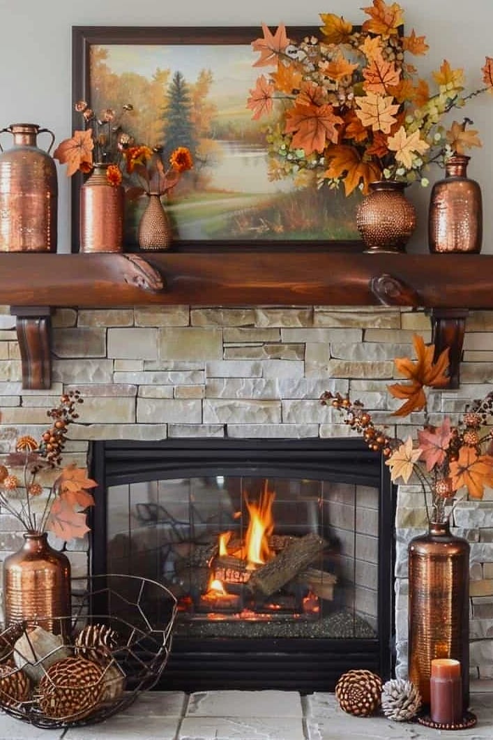 50 Amazing Fall Mantle Decor on a Budget 19 Copper Accents Mixed with Greenery
