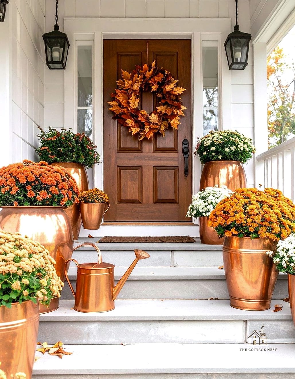 45 Gorgeous Fall Front Porch Decor Ideas That Are Totally Doable 18 Copper Accents Mixed with Pumpkins