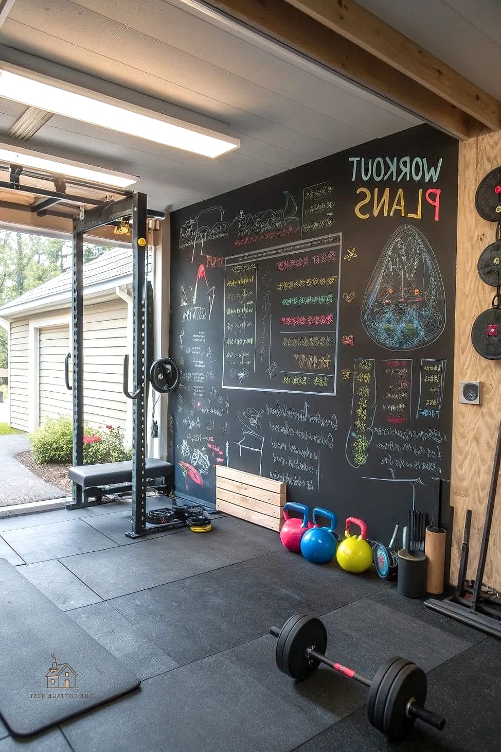 50 Beautiful Garage Gym Ideas to Transform Your Space 21 Cork Board Wall for Progress Photos
