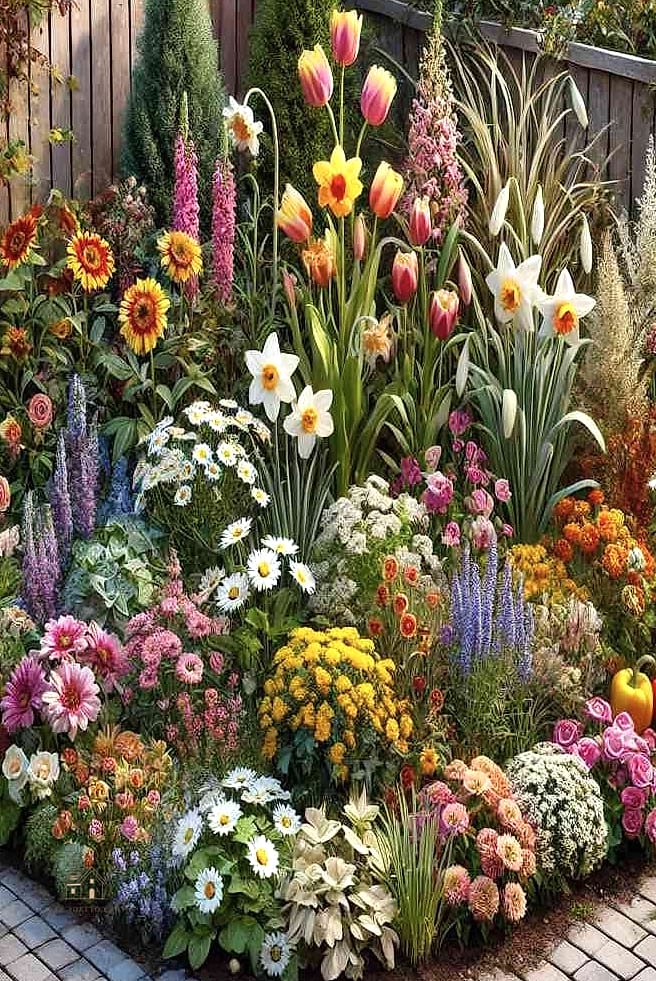 45 Stunning Corner Flower Bed Ideas You'll Absolutely Love 31 Corner Bed with Seasonal Bulb Layers
